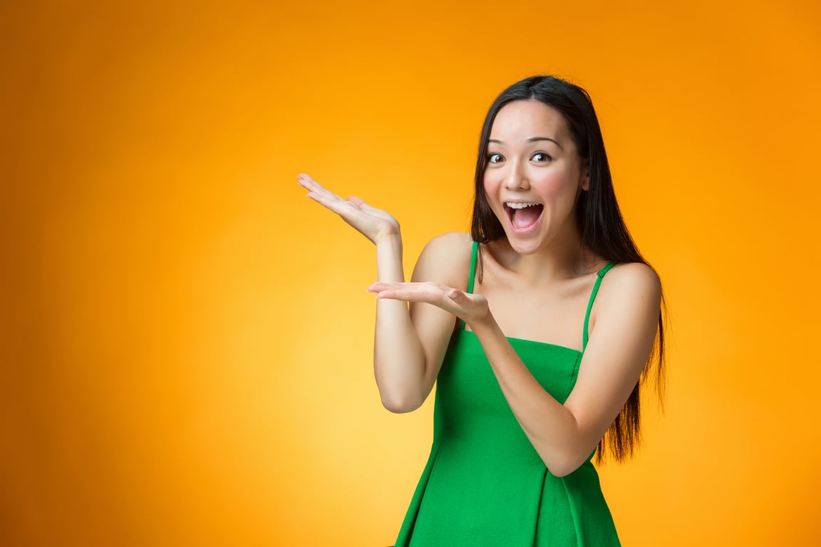 The Happy Chinese Girl on Yellow Background